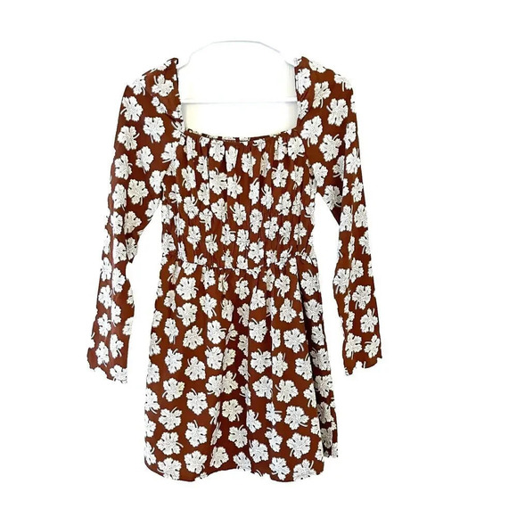 Nasty Gal Collection Womens Brown A Line Dress 4 Floral Long Sleeve Square Neck - Picture 1 of 9
